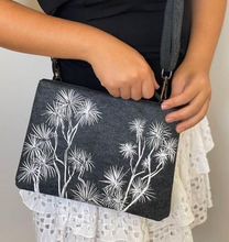 Load image into Gallery viewer, white tī kōuka on grey ecofelt crossbody bag