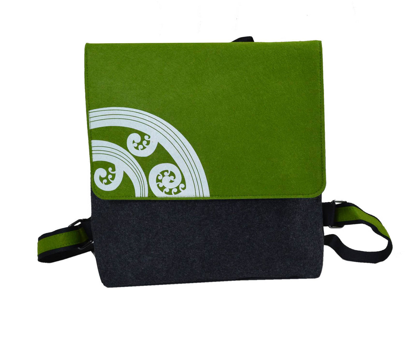 white koru on green · dark grey backpack