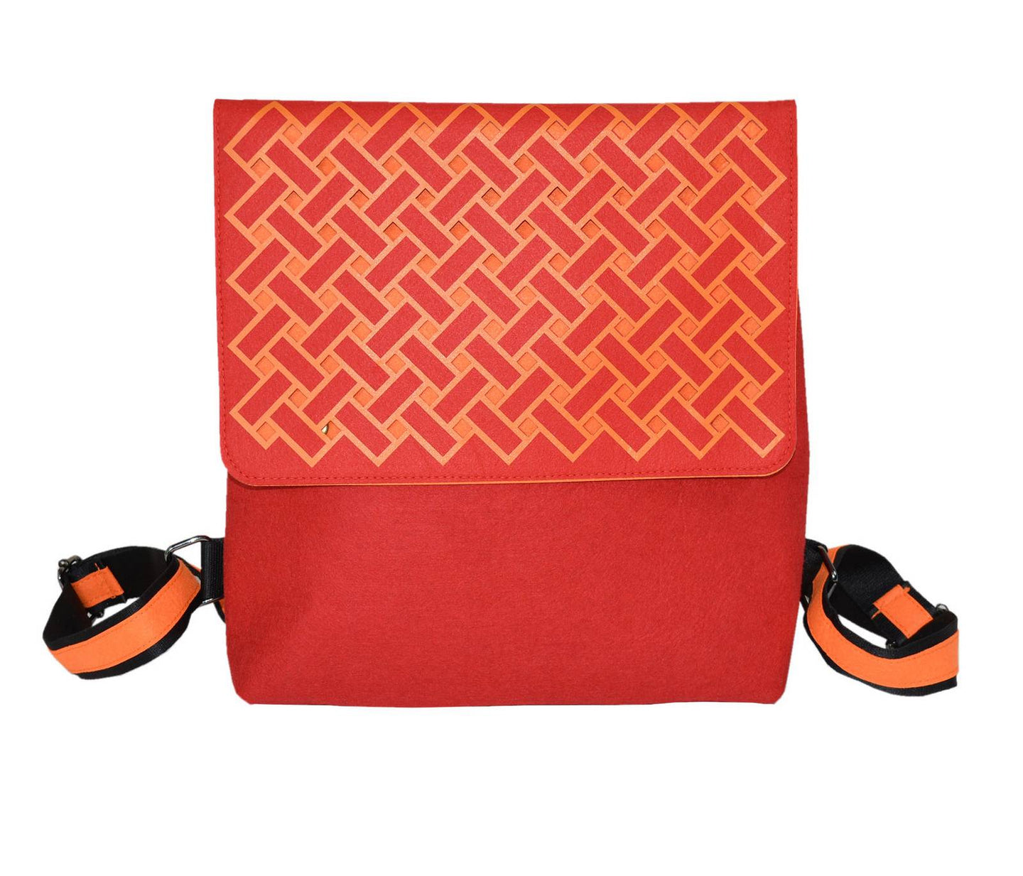 orange harakeke weave on red · red backpack
