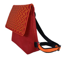 Load image into Gallery viewer, orange harakeke weave on red · red backpack