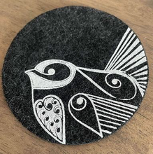 Load image into Gallery viewer, piwakawaka on dark grey set of 4 - ecofelt coaster
