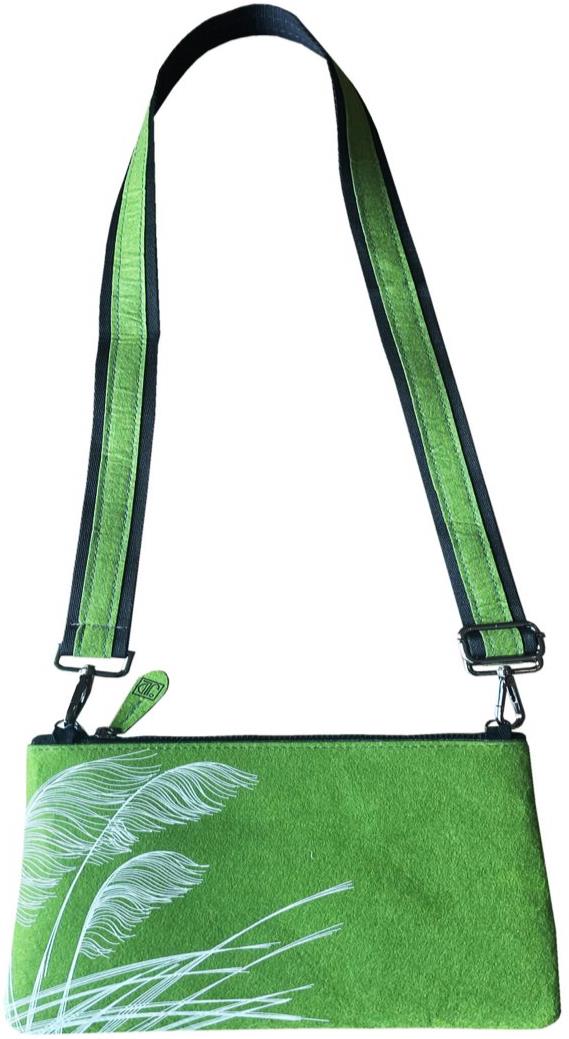 toetoe white on green ecofelt crossbody bag