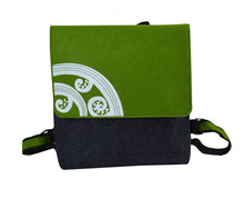 Load image into Gallery viewer, white koru on green · dark grey backpack
