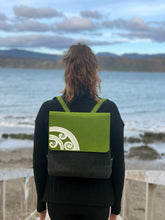 Load image into Gallery viewer, white koru on green · dark grey backpack
